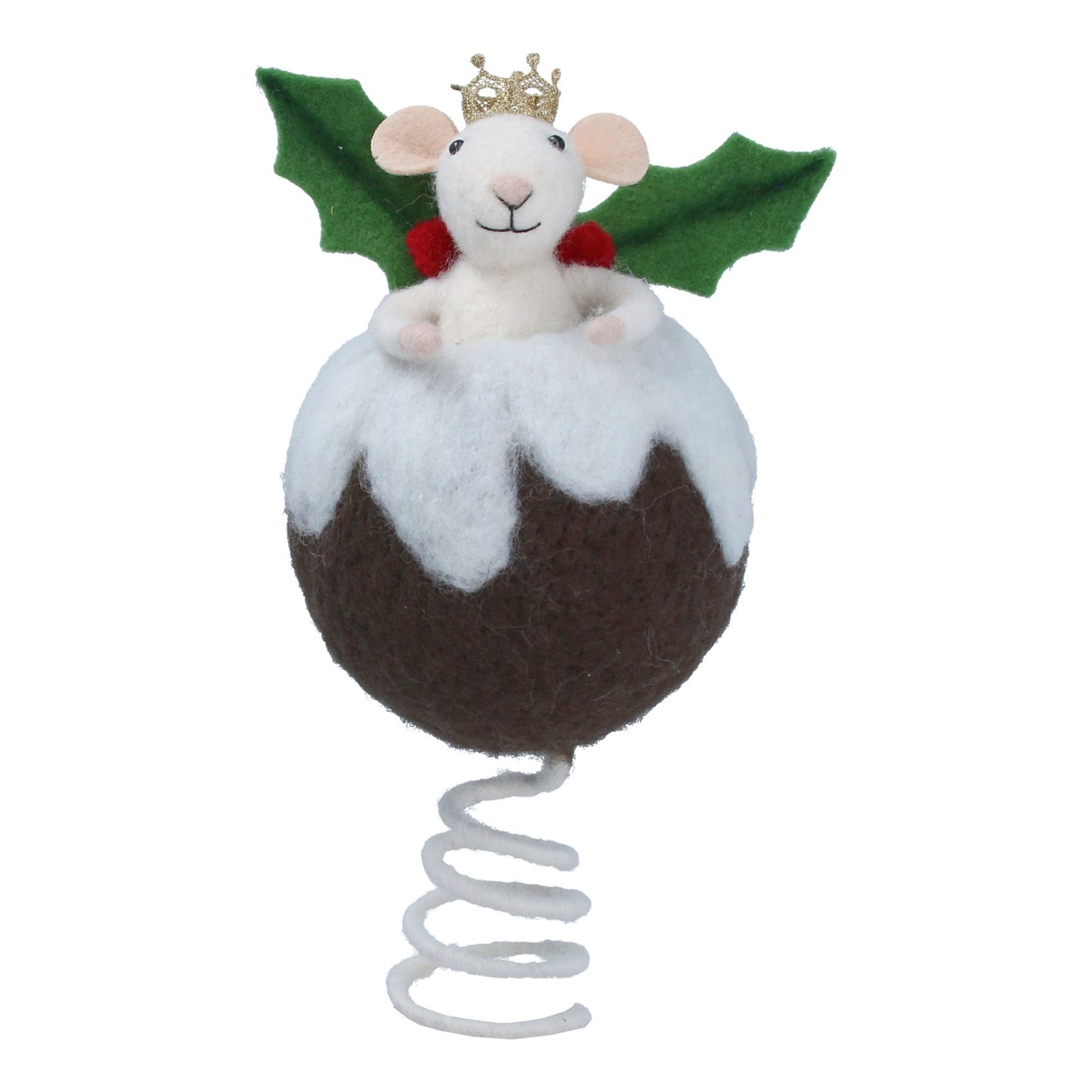 A felt toy resembling a mouse sitting on top of a Christmas tree, with a crown and bats in the background, giving the appearance of a pudding.