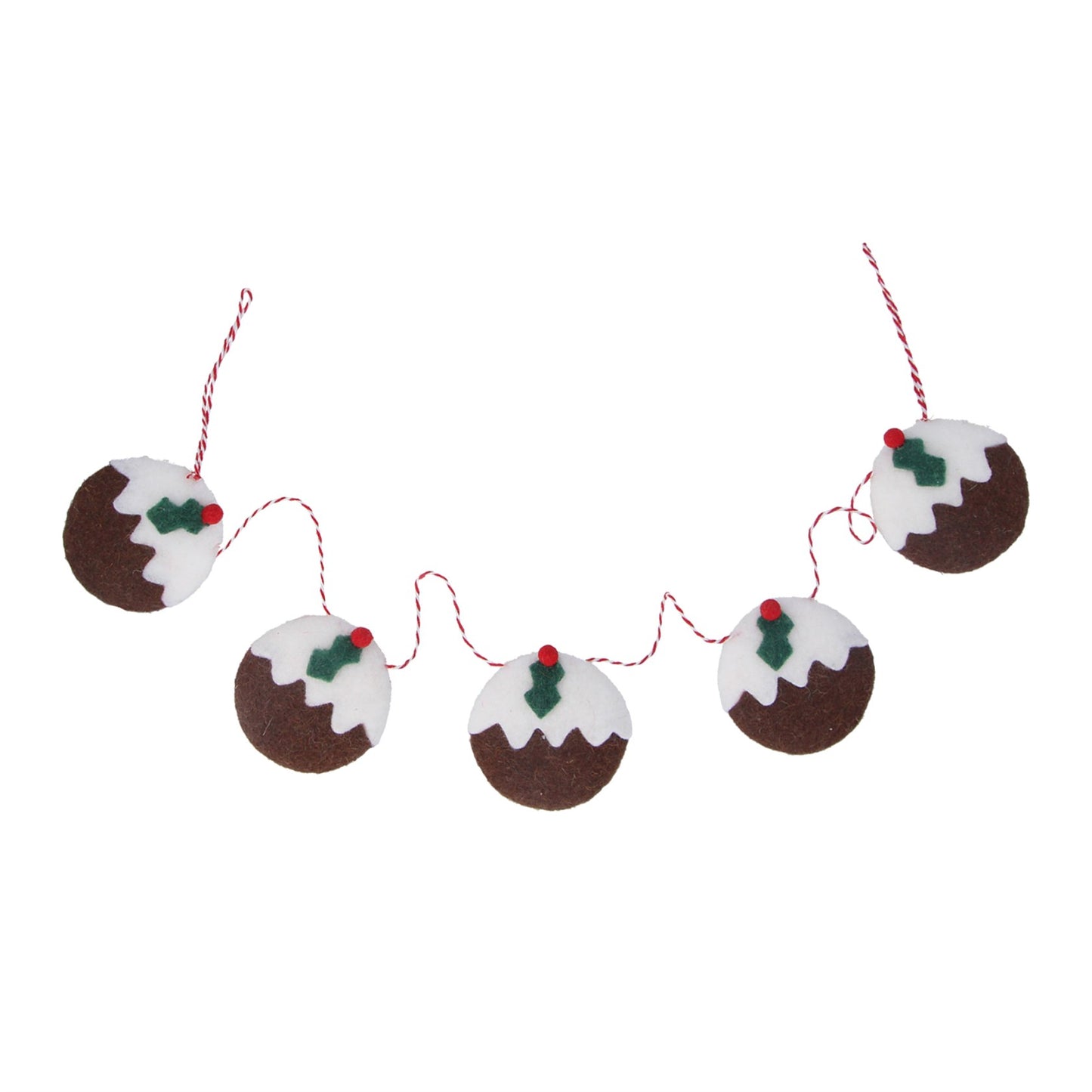 A felt Christmas pudding disc garland with red and white string, featuring traditional festive design, displayed against a white background.