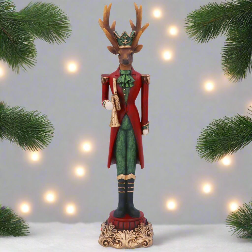 Decorative figurine of a deer in a suit on a white background