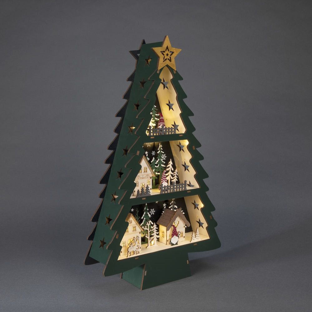 Wooden Christmas Tree Lit Village Scene