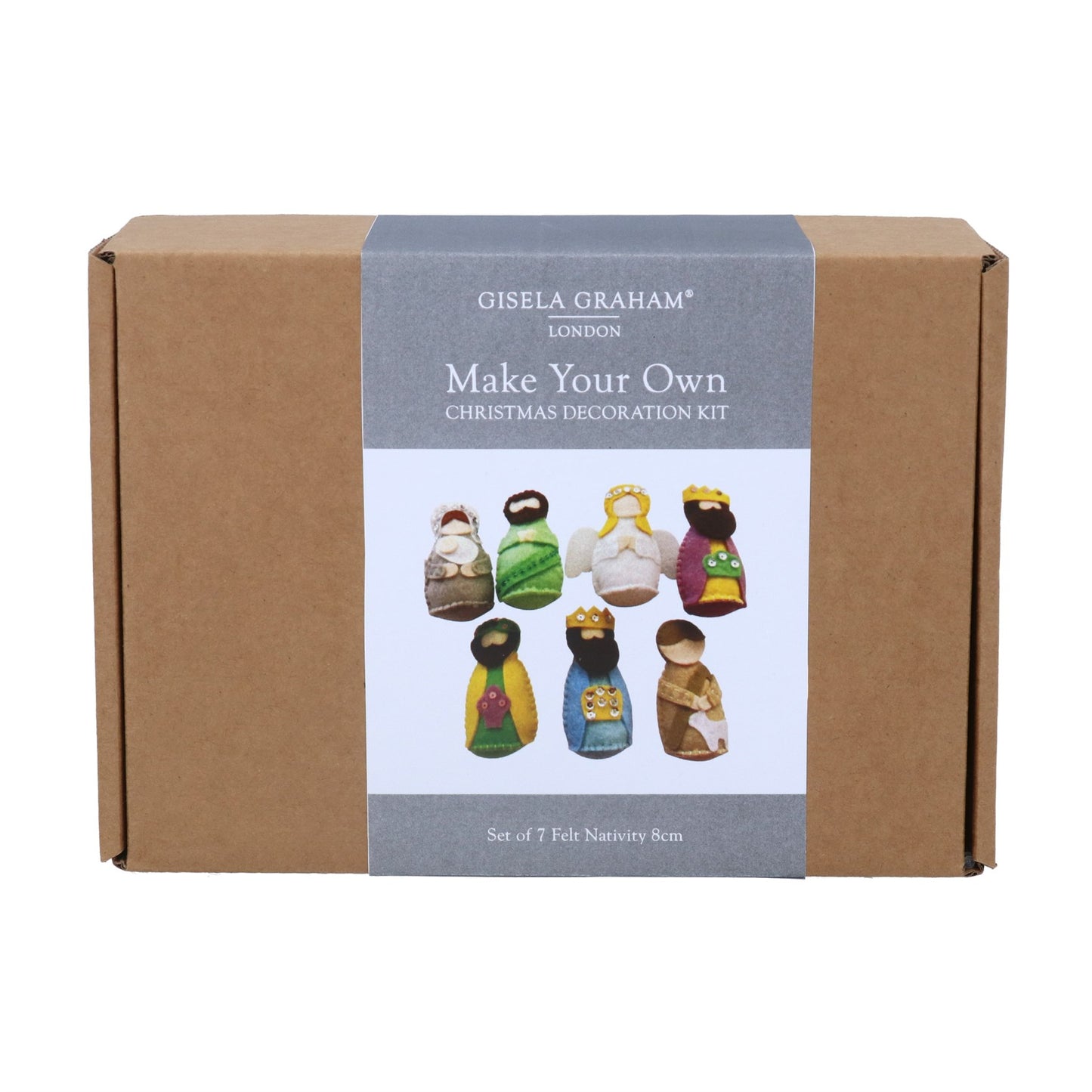 Packaging box for 'Make your Own Christmas Nativity Craft Kit' by Gisela Graham, featuring a image of various handcrafted felt nativity figures.