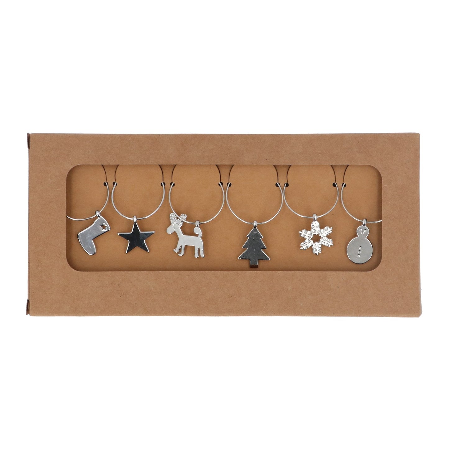 Set of 6 silver and grey Christmas wine glass charms displayed in a box, with designs including a reindeer, star, tree, snowflake, and snowman.