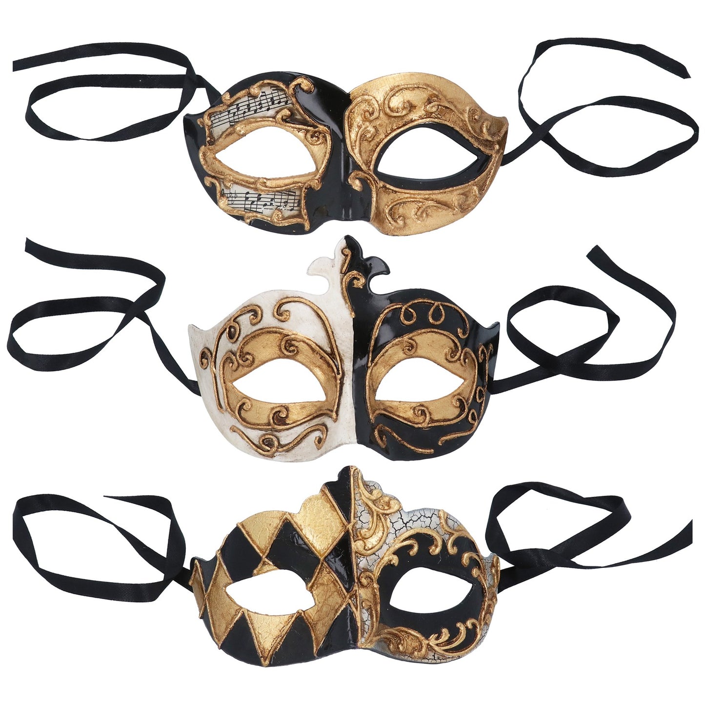 Three ornate masks with black, gold, and white designs on a white background