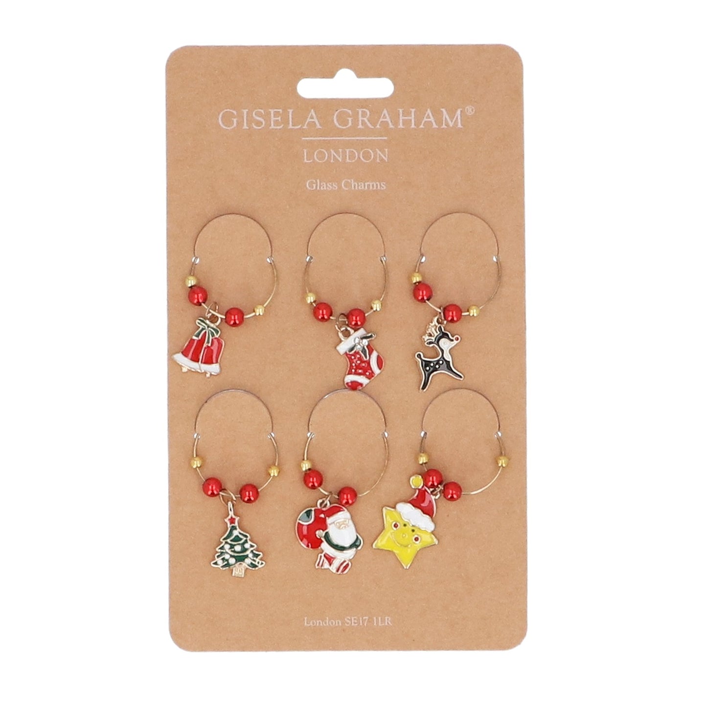 Set of Christmas-themed glass charms on a Gisela Graham card.