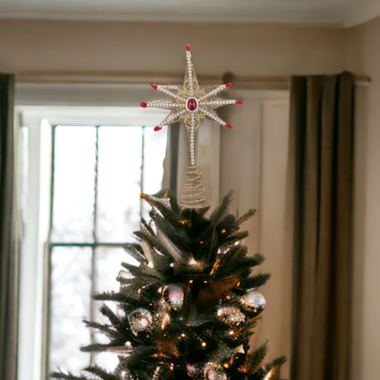 Christmas Gold Star with Beading and Red Jewel Tree Topper