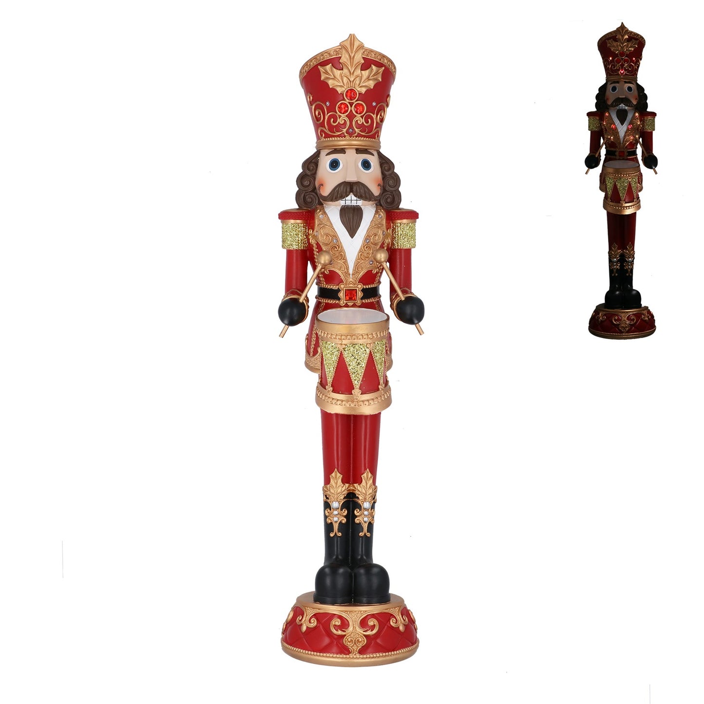 Decorative nutcracker figure in red and gold attire on a white background