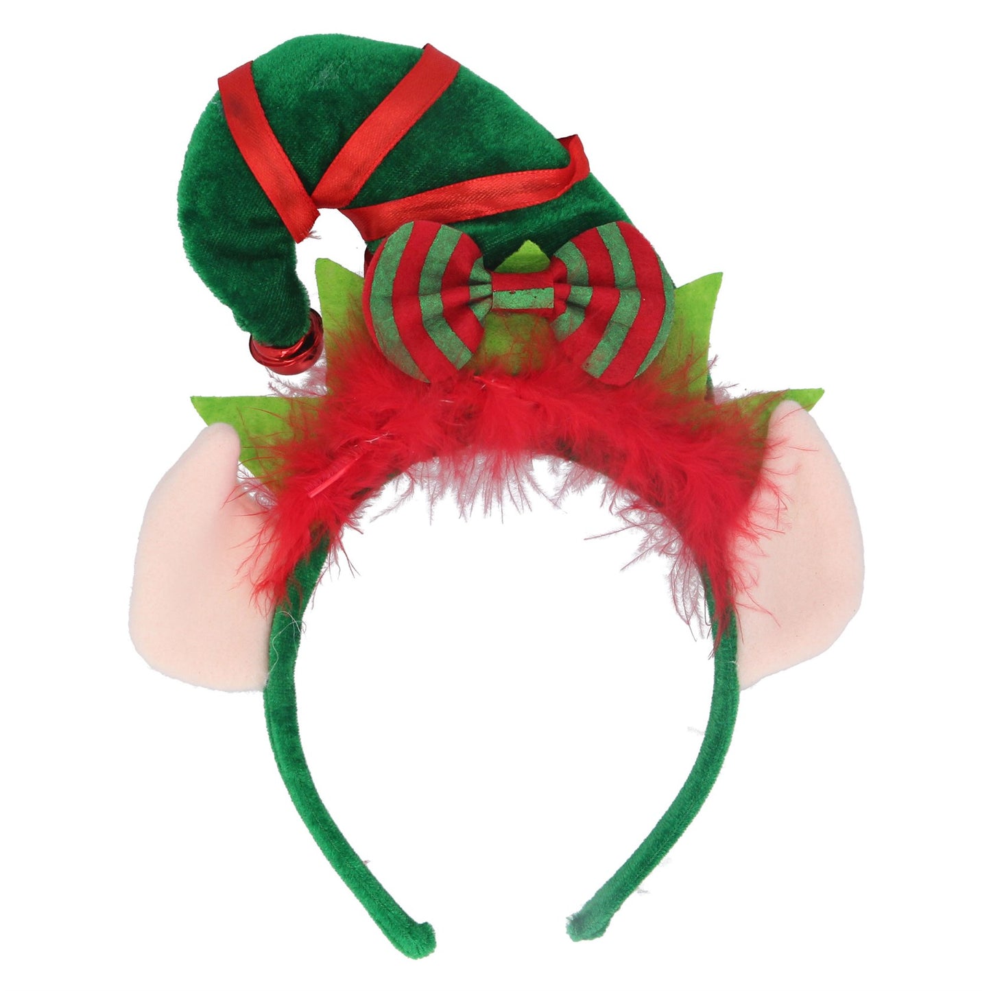 A green Christmas elf hat and ears headband with red and white pompoms, designed for adults.