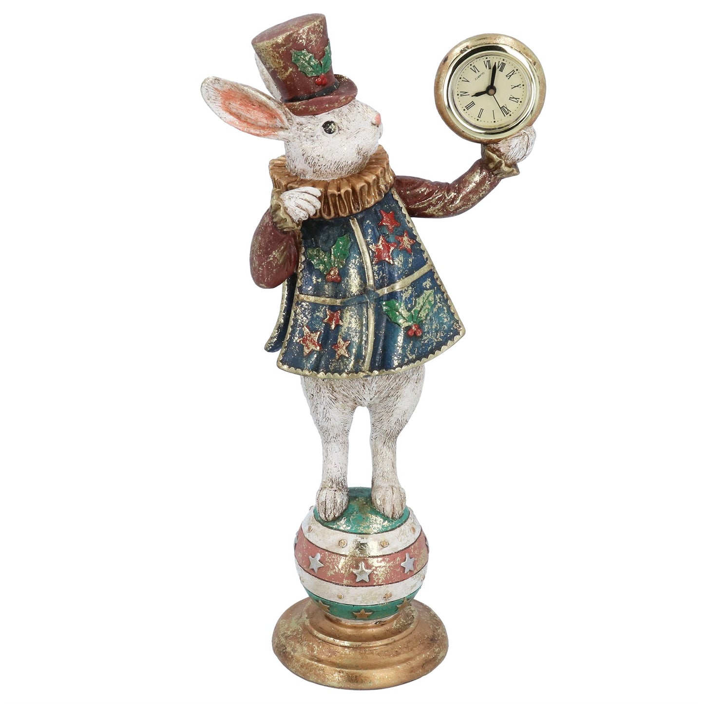 Decorative figurine of a rabbit in a top hat holding a clock on a white background
