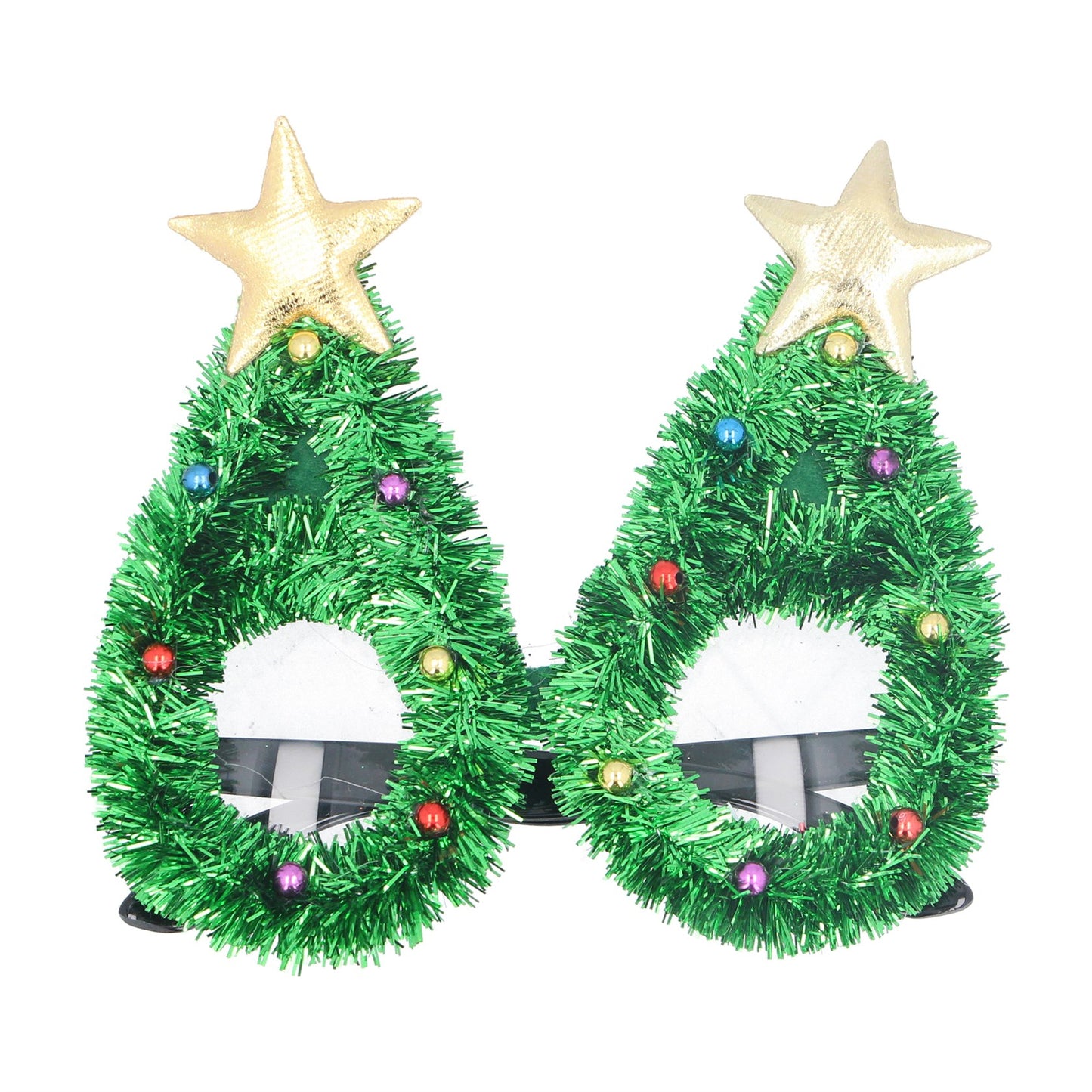 A pair of novelty tinsel tree design glasses with green tinsel, gold stars, and colored balls for Christmas themed parties.