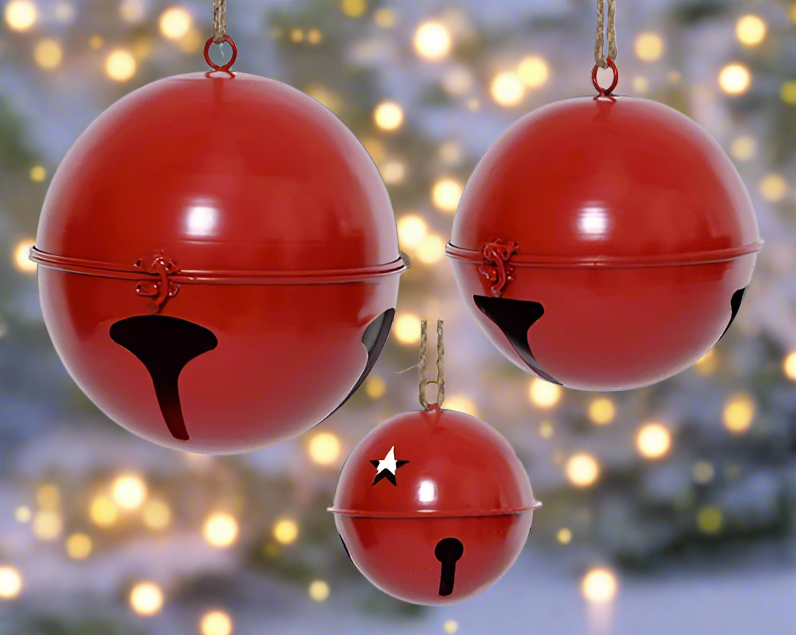 Set of 3 large red metal Christmas bell decorations with a vintage style, hanging from metal ropes.