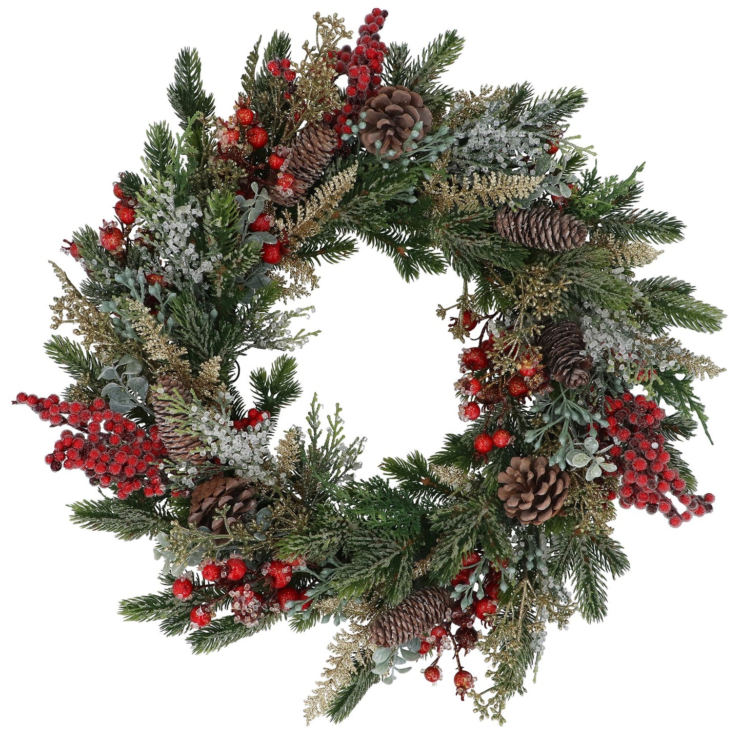 Christmas wreath with greenery, red berries, and pinecones on a white background