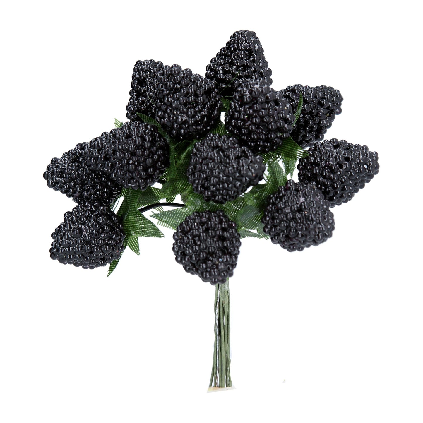 A bunch of artificial blackberry picks tied together on a stem, against a white background.