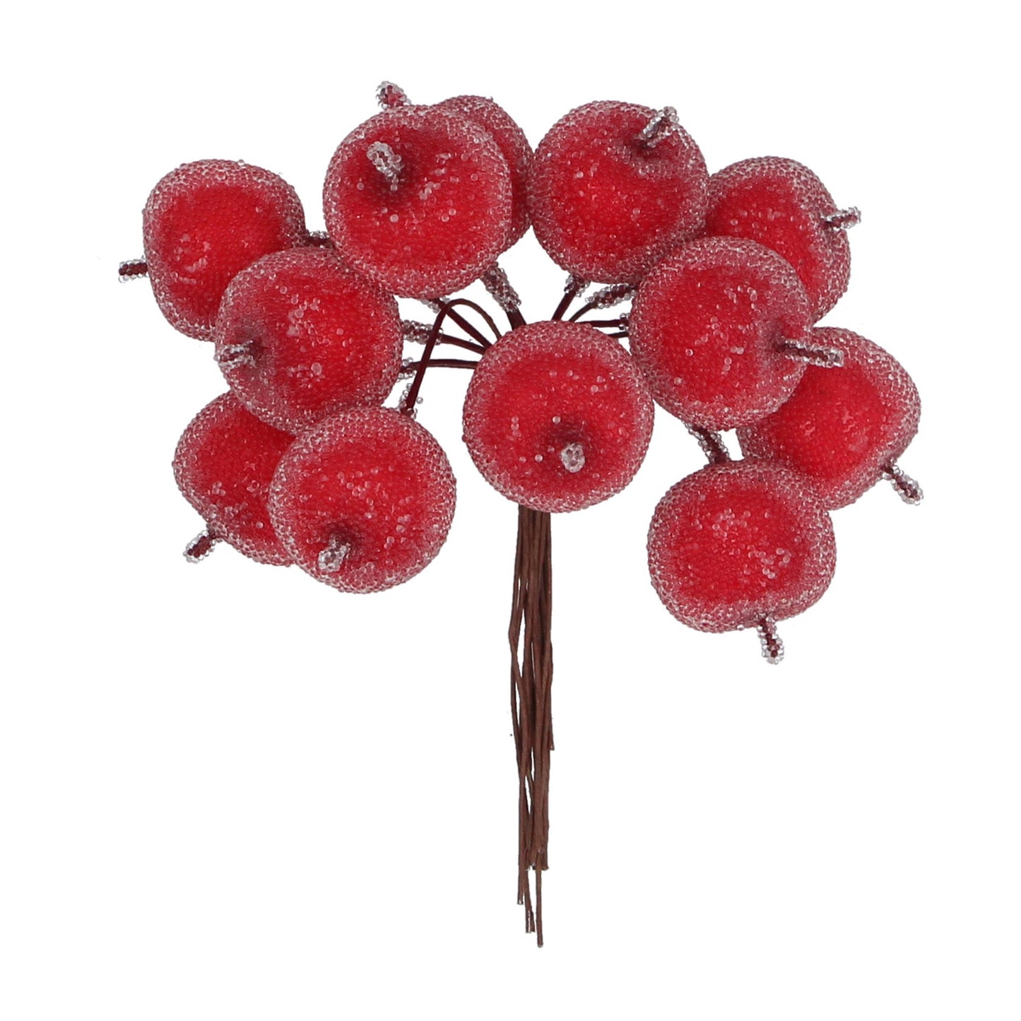 A bunch of frosted red artificial mini apples with a metallic stem, used for Christmas decoration.