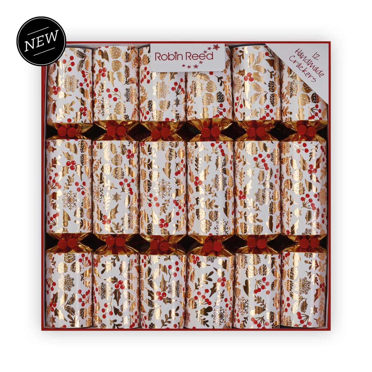 Box of Robin Reed Christmas crackers with decorative design on a white background