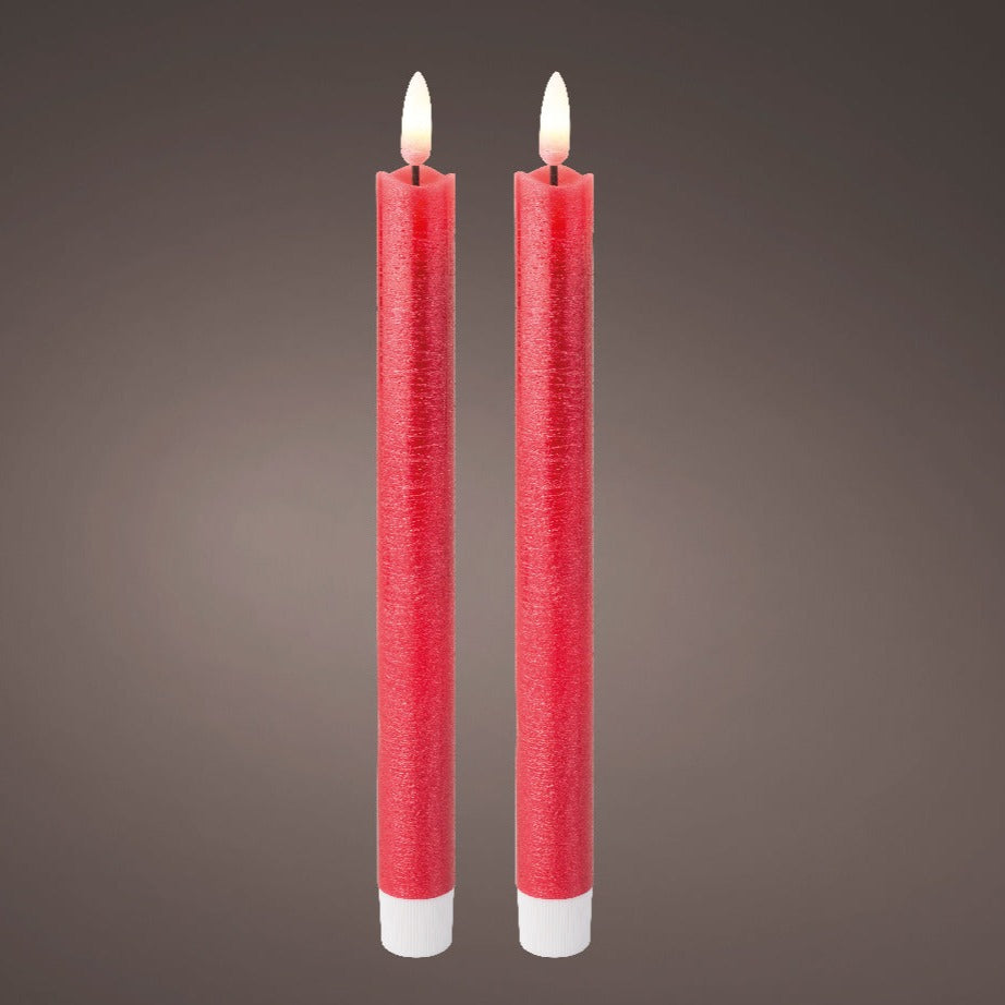 Picture image of two tall red dinner candles with LED wicks.