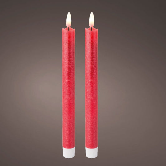 Picture image of two tall red dinner candles with LED wicks.