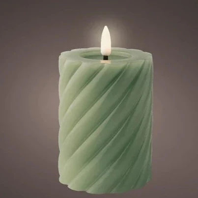 Green LED Wick Twisted Wax Christmas Candle with Melted Top 12.3cm x 7.5cm