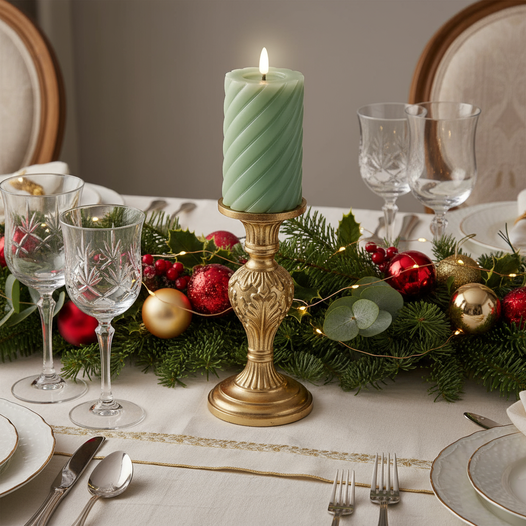 Green LED Wick Twisted Wax Christmas Candle with Melted Top 14.8cm x 7.5cm