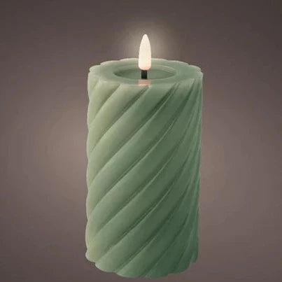 Green LED Wick Twisted Wax Christmas Candle with Melted Top 14.8cm x 7.5cm