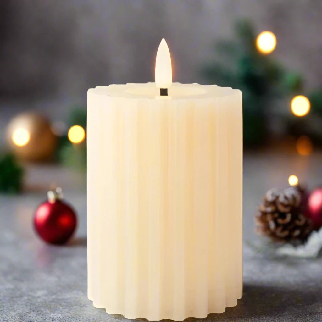 Cream LED Wick Carved Wax Christmas Candle with Melted Top 12.3cm x 7.5cm