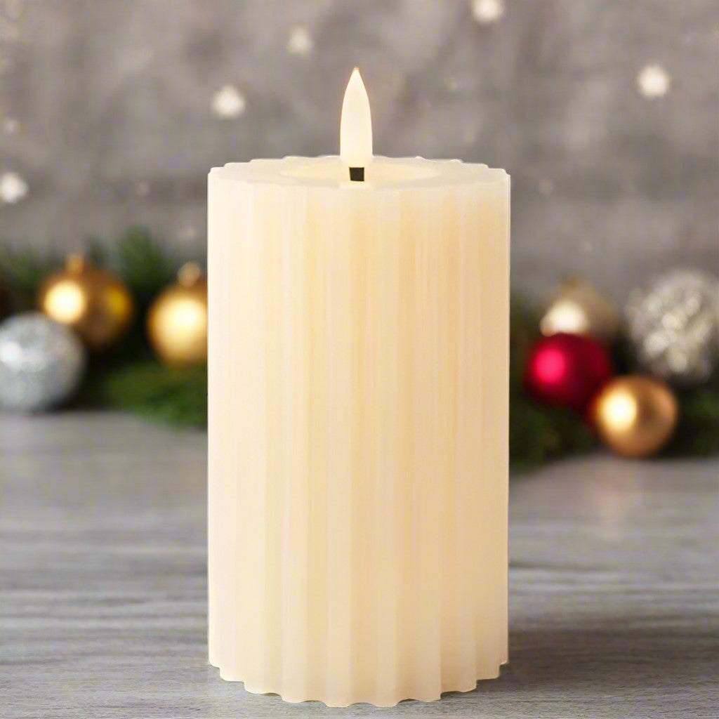 Cream LED Wick Carved Wax Christmas Candle with Melted Top 14.8cm x 7.5cm