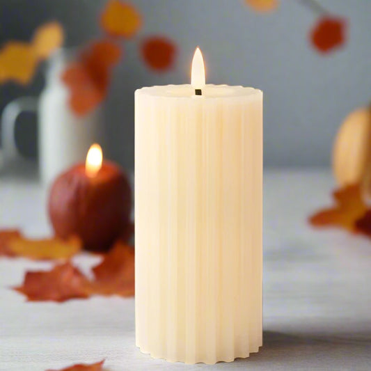 Cream LED Wick Carved Wax Christmas Candle with Melted Top 17.3cm x 7.5cm