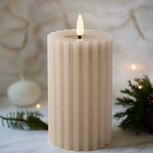 Taupe LED Wick Carved Wax Christmas Candle with Melted Top 14.8cm