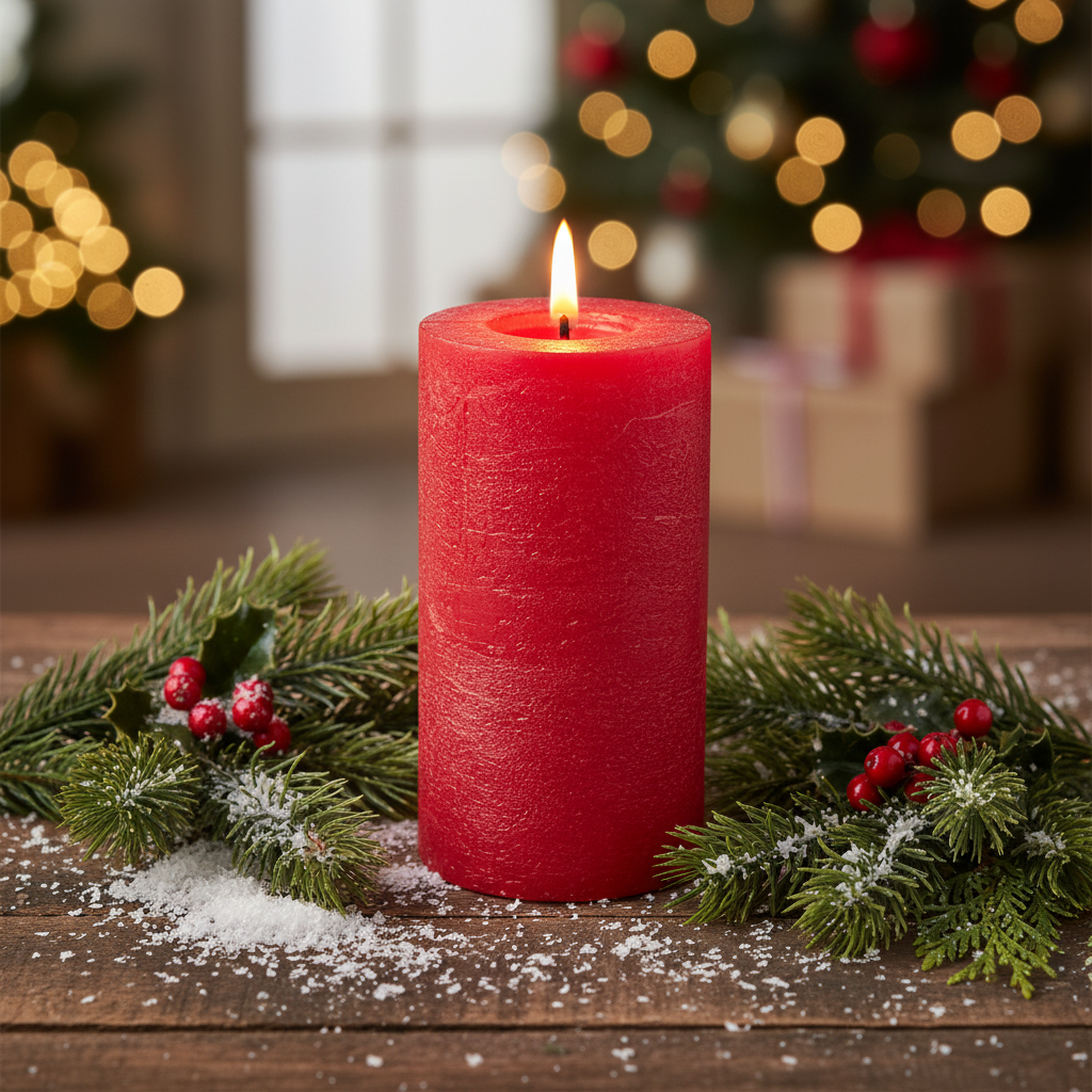 Red LED Wick Flat Top Wax Christmas Candle 15cm x 7cm