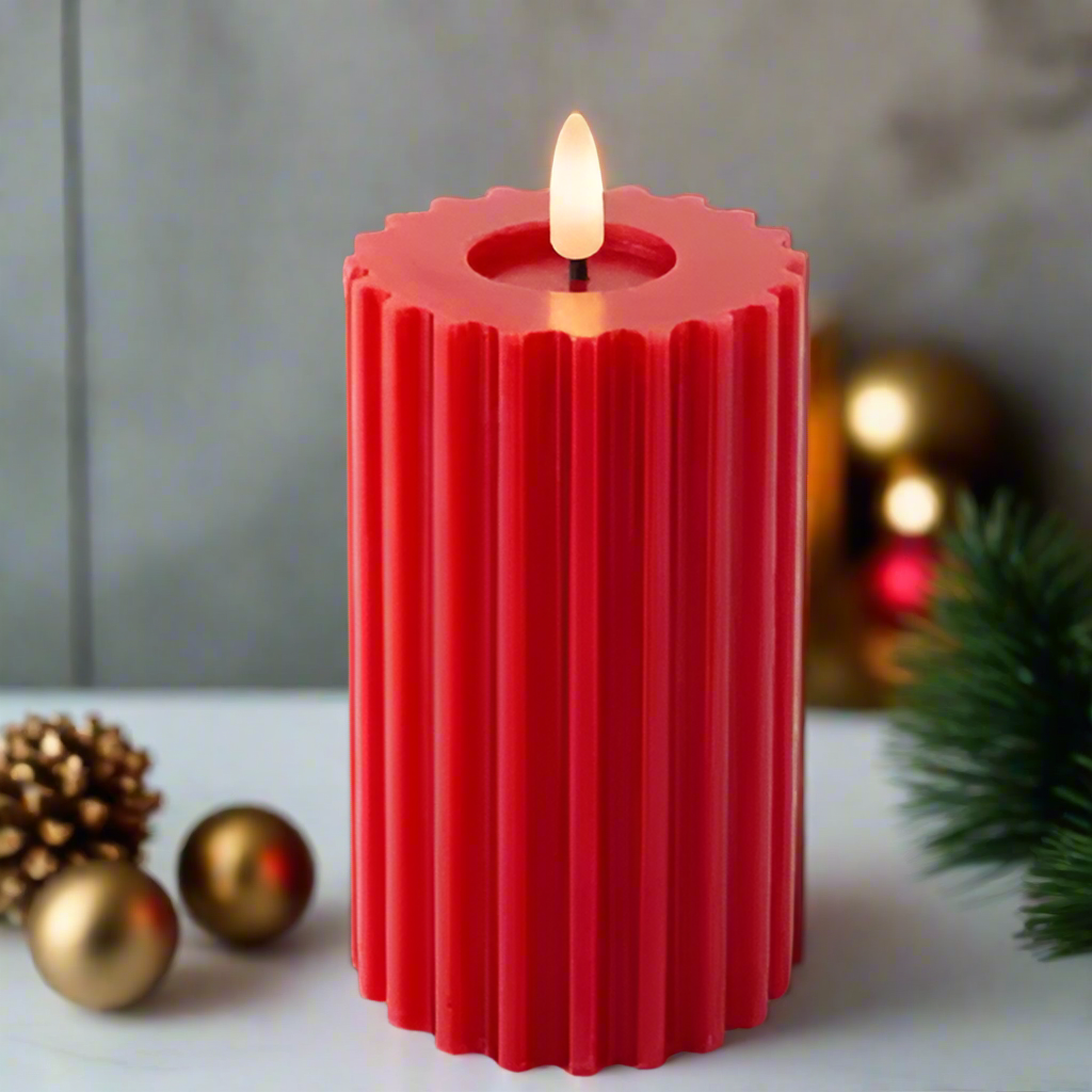 Red LED Wick Carved Wax Christmas Candle with Melted Top 14.8cm x 7.5cm