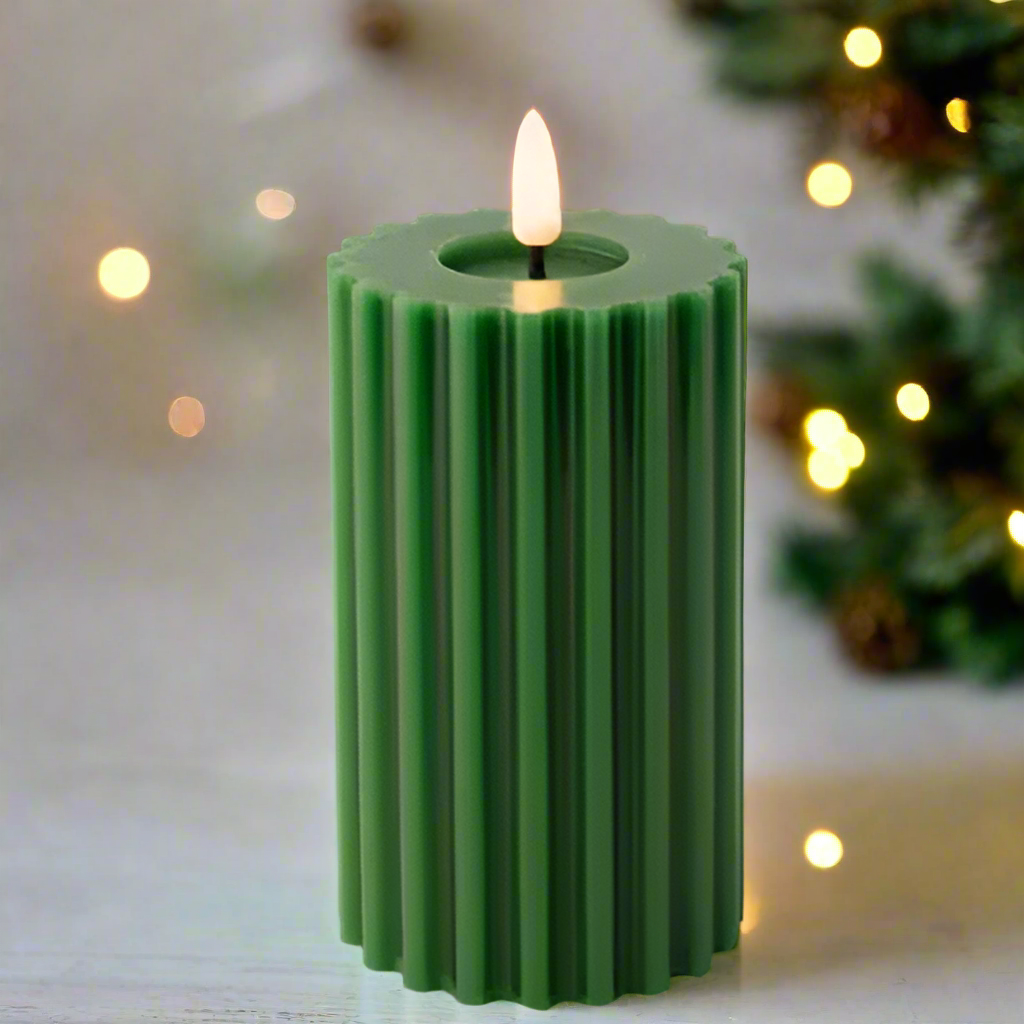 Green LED Wick Carved Wax Christmas Candle with Melted Top 14.8cm x 7.5cm