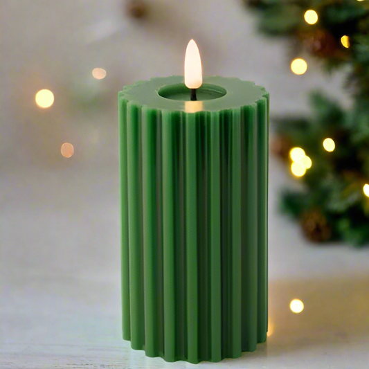 Green LED Wick Carved Wax Christmas Candle with Melted Top 14.8cm x 7.5cm