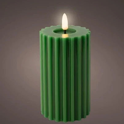 Green LED Wick Carved Wax Christmas Candle with Melted Top 14.8cm x 7.5cm