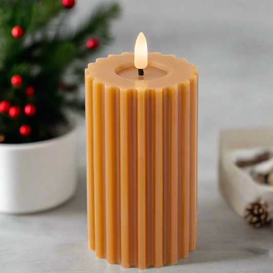 Light Brown LED Wick Carved Wax Festive Candle with Melted Top 14.8cm x 7.5cm