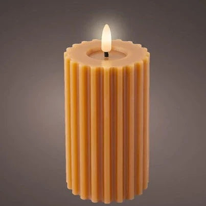Light Brown LED Wick Carved Wax Festive Candle with Melted Top 14.8cm x 7.5cm