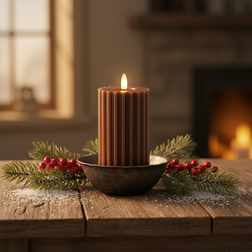 Brown LED Wick Carved Wax Christmas Candle with Melted Top 14.8cm x 7.5cm