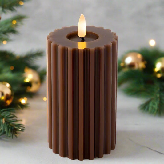Brown LED Wick Carved Wax Christmas Candle with Melted Top 14.8cm x 7.5cm