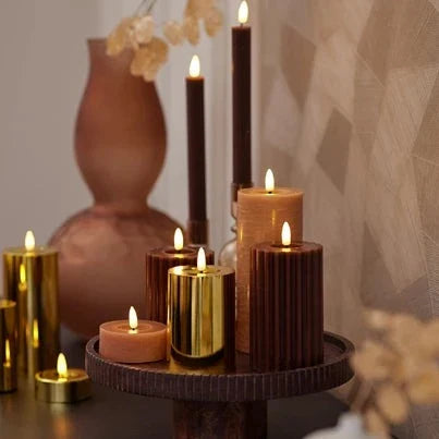 Light Brown LED Wick Carved Wax Festive Candle with Melted Top 14.8cm x 7.5cm