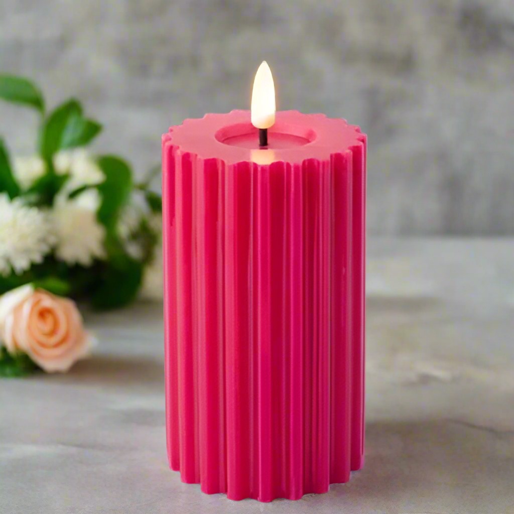 Pink LED Wick Carved Wax Festive Candle with Melted Top 14.8cm x 7.5cm