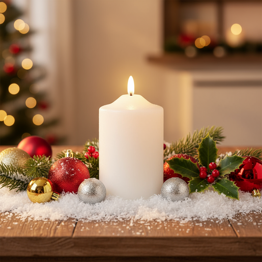 White candle surrounded by Christmas decorations on a wooden table with a blurred festive background.