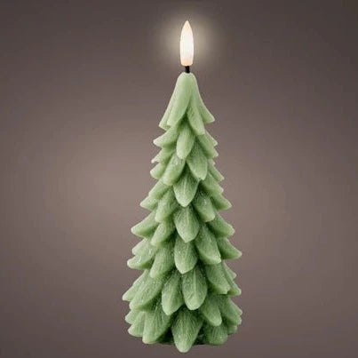 A green LED wick candle shaped like a Christmas tree with a warm white light at the top.