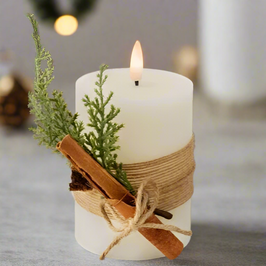 Cream LED Wick Wax Christmas Candle with Leaf Decoration 13cm x 7.5cm