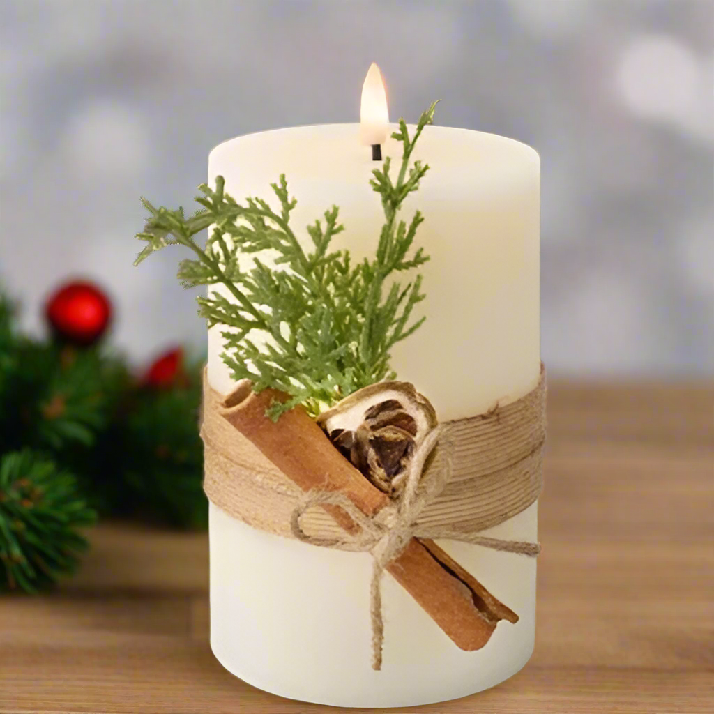 Cream LED Wick Wax Christmas Candle with Leaf Decoration 18cm x 10cm
