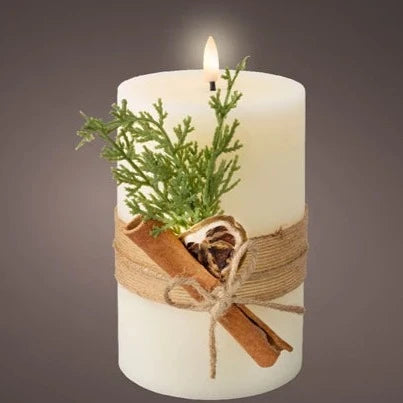 Cream LED Wick Wax Christmas Candle with Leaf Decoration 18cm x 10cm