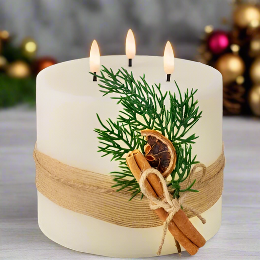 A cream-colored LED 3-wick wax Christmas candle with a leaf decoration and a jute string bow, displayed against a festive background with Christmas lights and decorations.