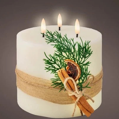 Cream LED 3 Wick Wax Christmas Candle with Leaf Decoration