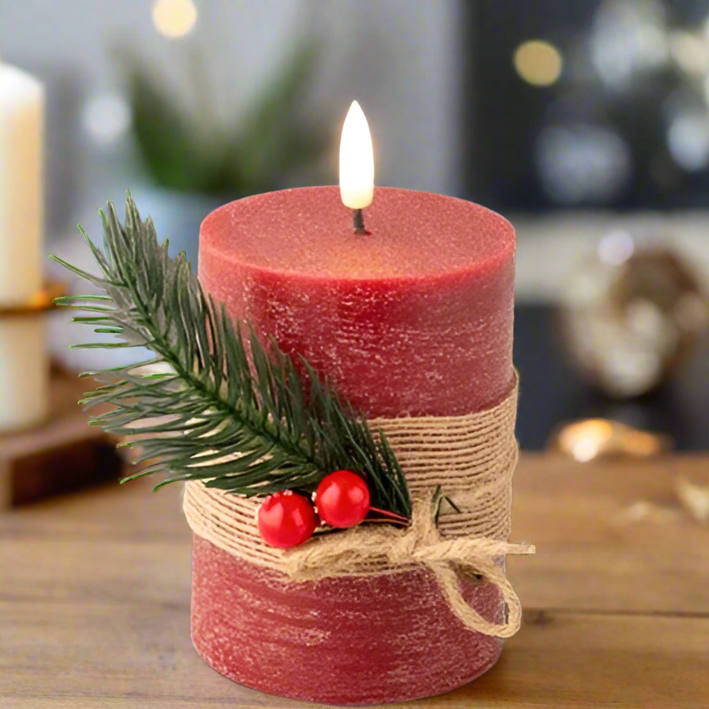 Red LED Wick Wax Christmas Candle with Foliage Decoration 13cm x 7.5cm