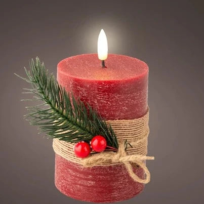 Red LED Wick Wax Christmas Candle with Foliage Decoration 13cm x 7.5cm