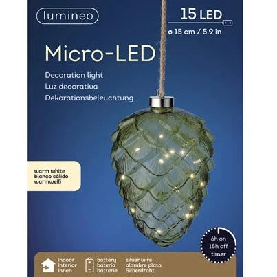 Lumineo Micro LED Green Glass Pinecone Christmas Decoration