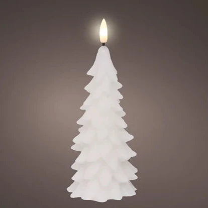 A white, Christmas tree-shaped LED candle with a warm glow, unlit against a grey background.