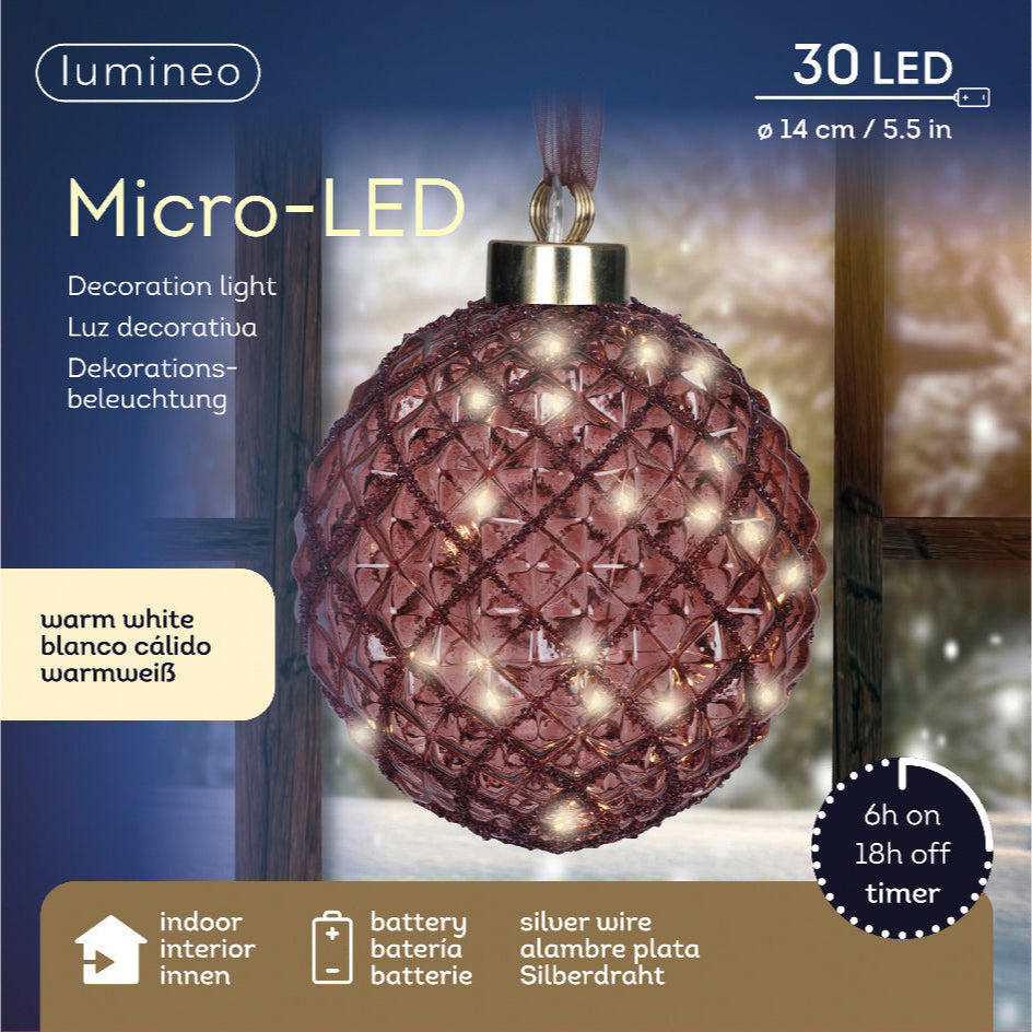 Lumineo Micro LED 14cm Maroon Glass Ball Christmas Decoration